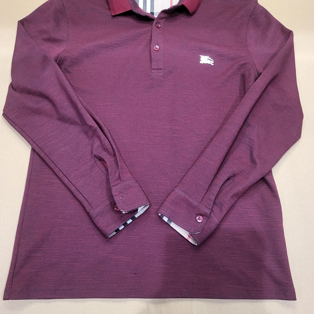 Men's Burgundy Burberry Long Sleeve Polo Shirt